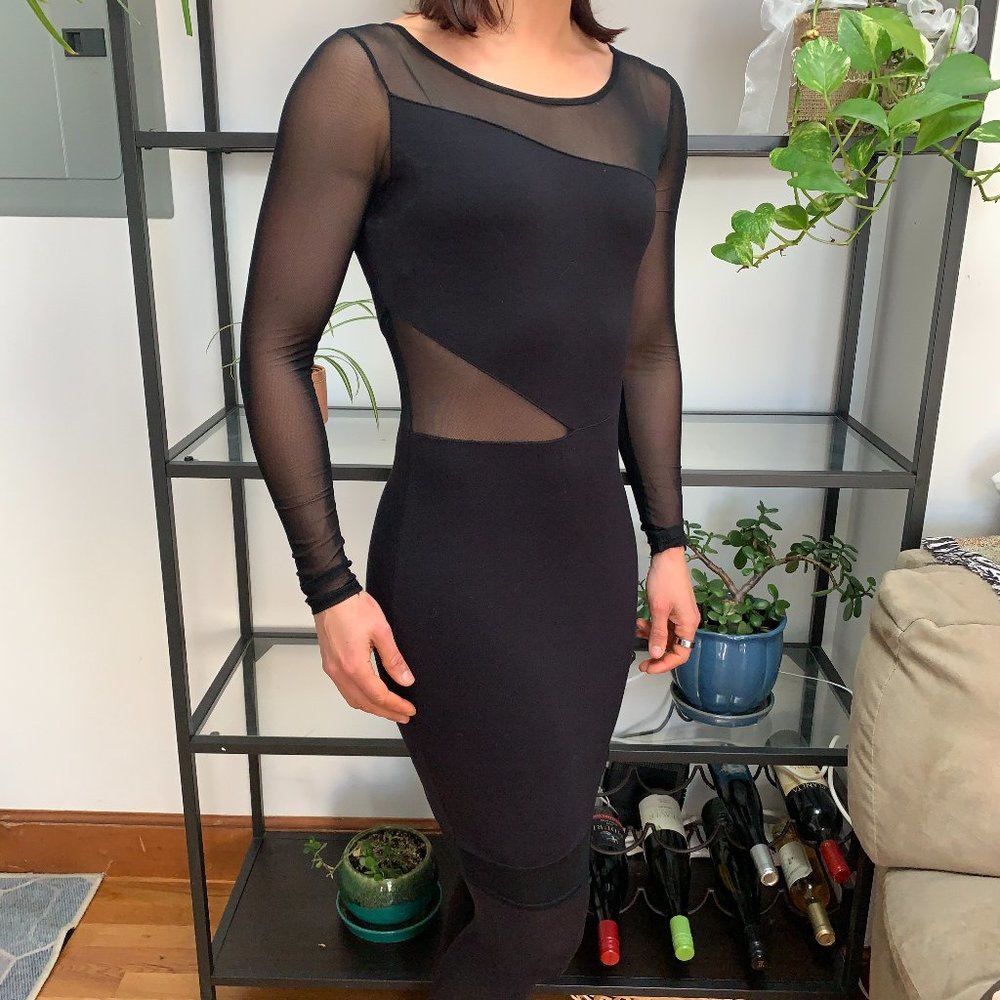 Guess sexy black mesh stretchy geometric bodycon sleek mini dress size S